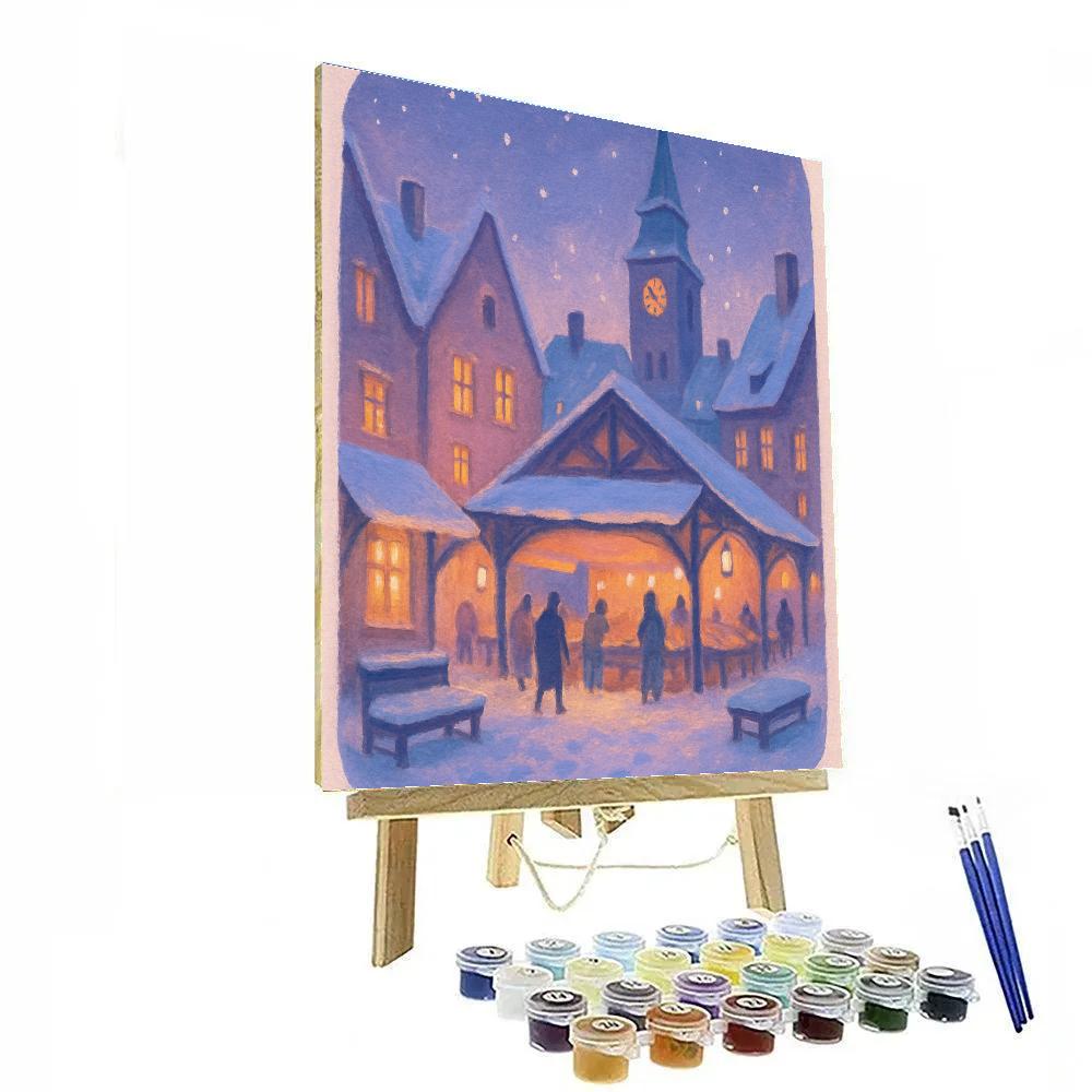 Snowy Market Courtyard At Blue Hour Number painting