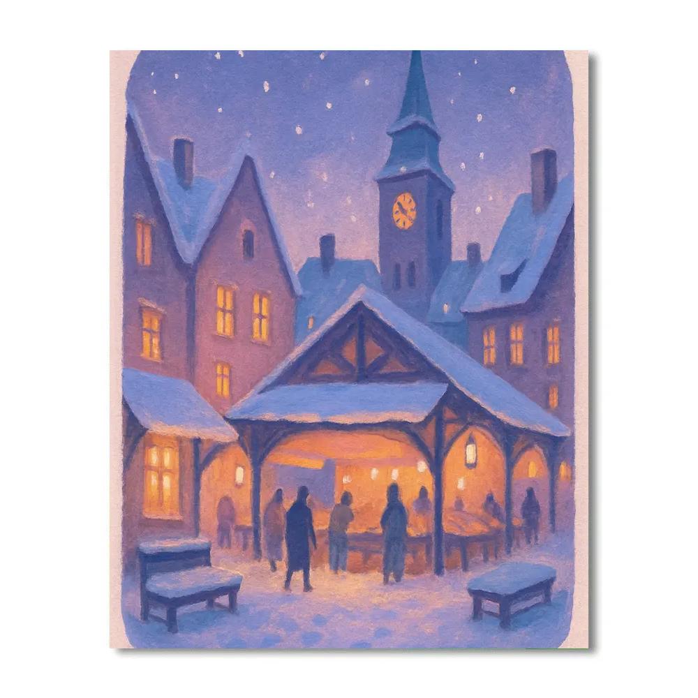 Snowy Market Courtyard At Blue Hour Number painting