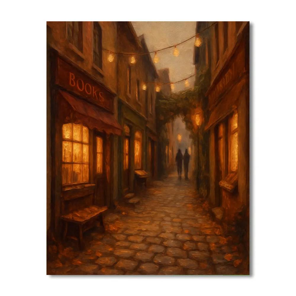 Autumn Bookshop Alley Under String Lights paint by numbers