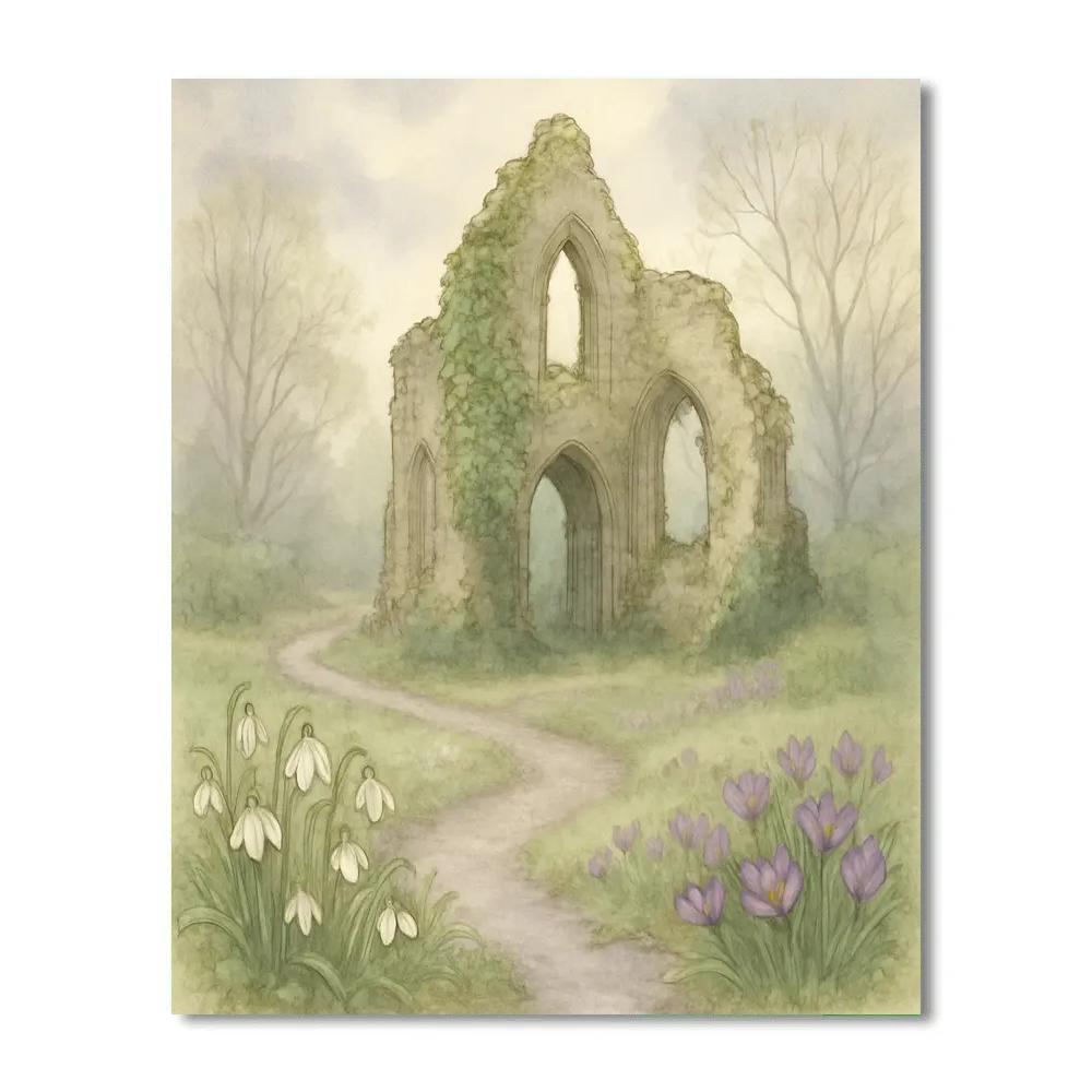 Snowdrop Pathway Beside The Stone Ruin Garden Paint by numbers kits