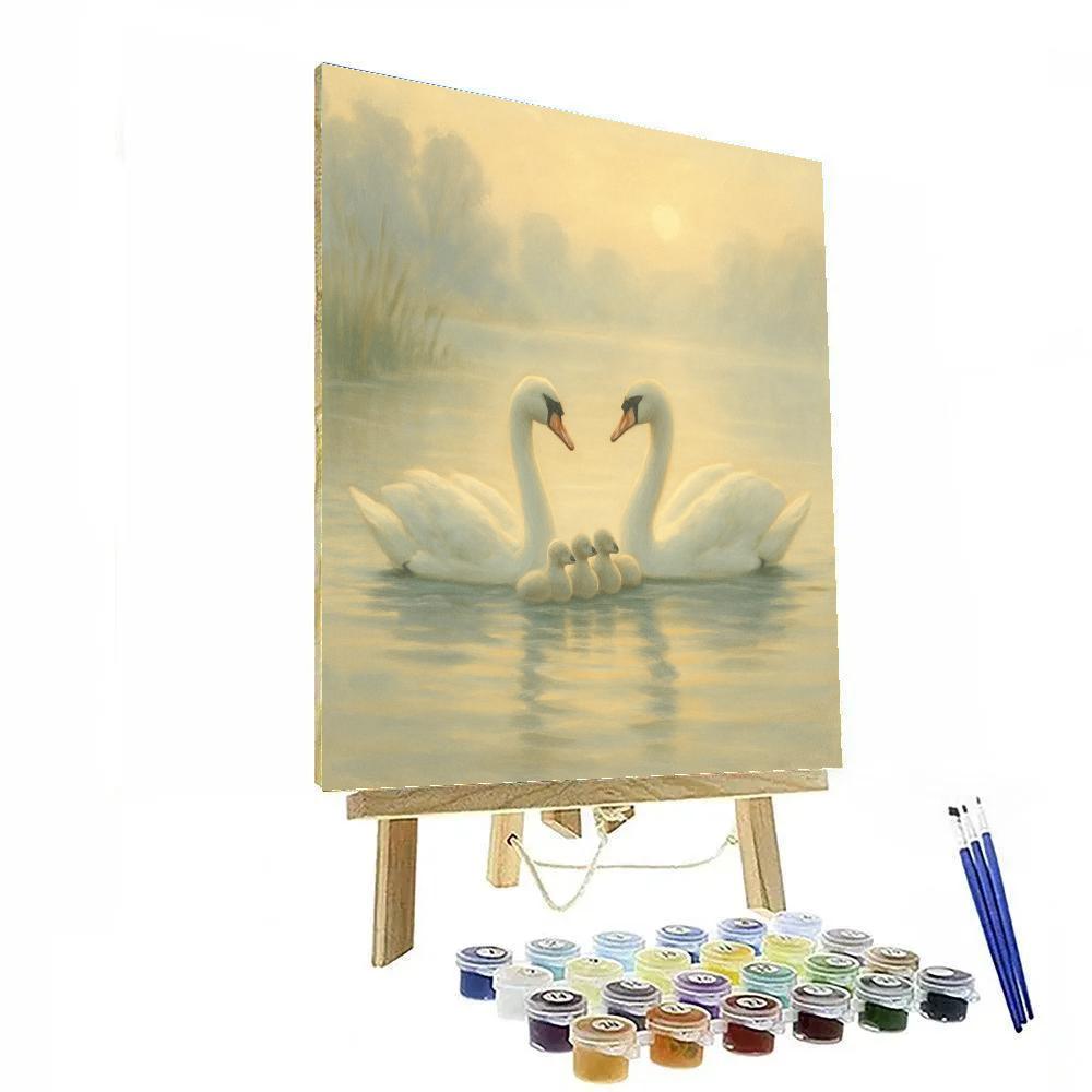 Swan Family On A Misty Morning Lake paint by number