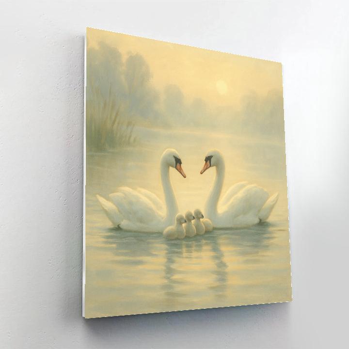 Swan Family On A Misty Morning Lake paint by number