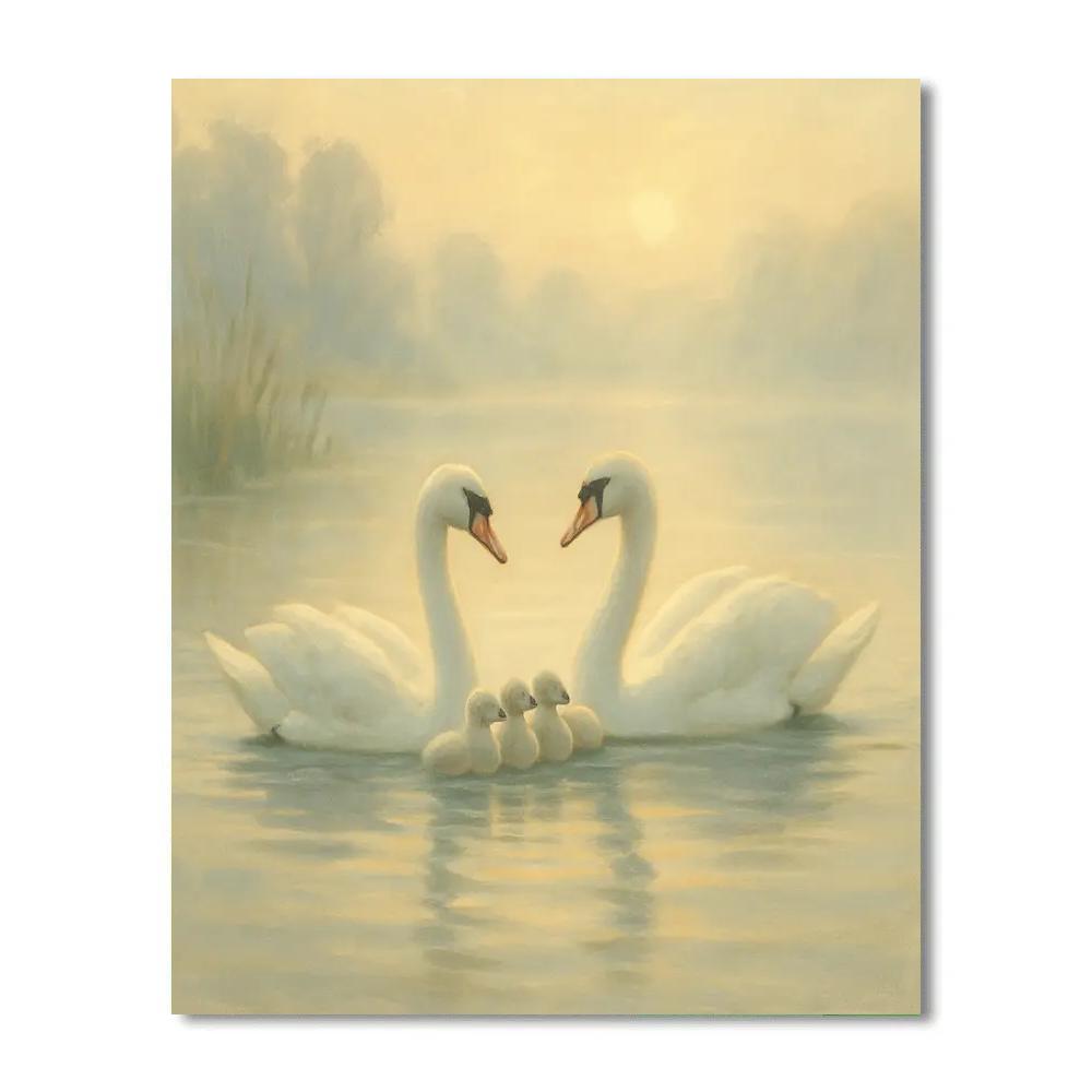 Swan Family On A Misty Morning Lake paint by number