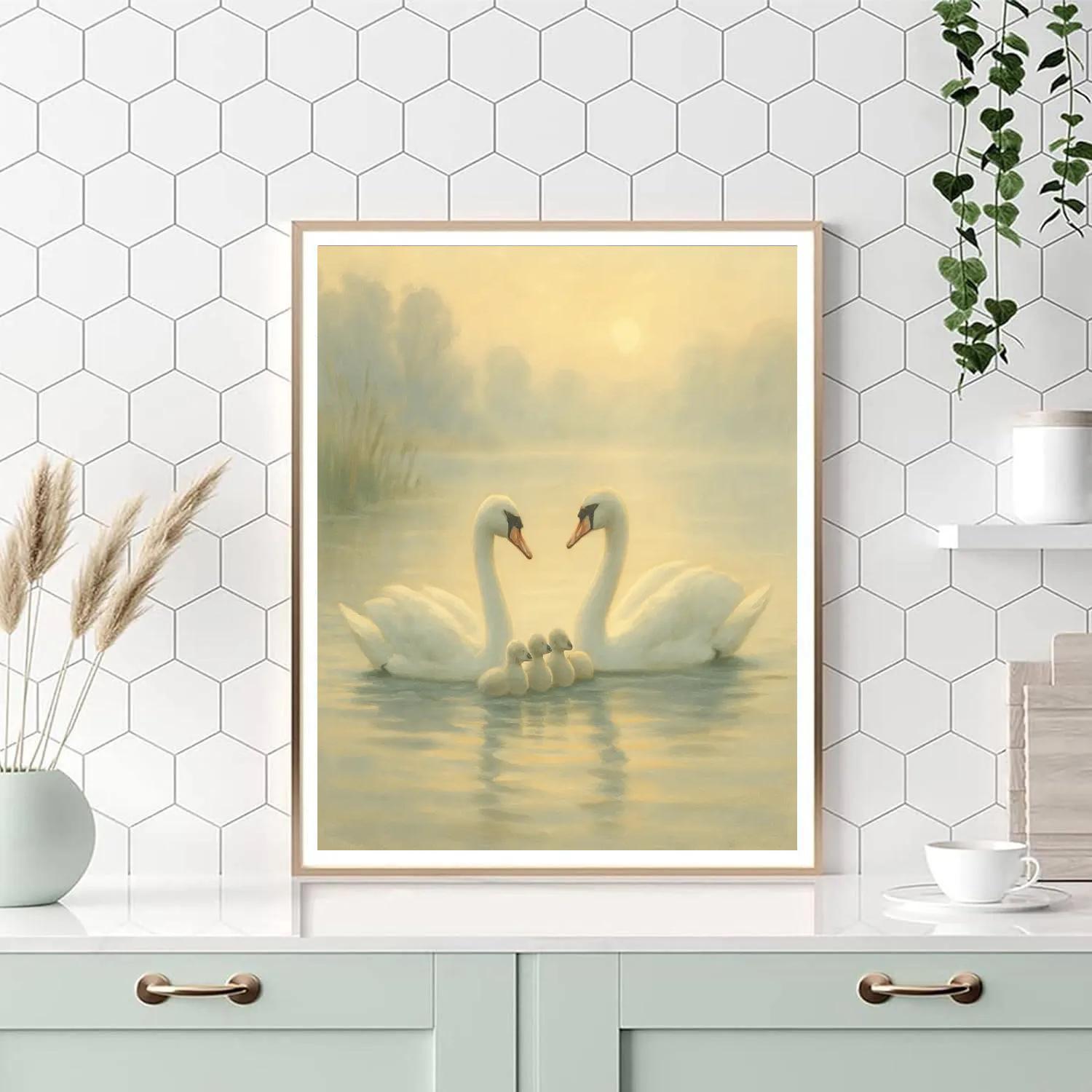 Swan Family On A Misty Morning Lake paint by number