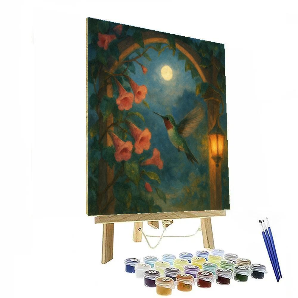 Hummingbird Pause In A Moonlit Flower Arbor paint by numbers