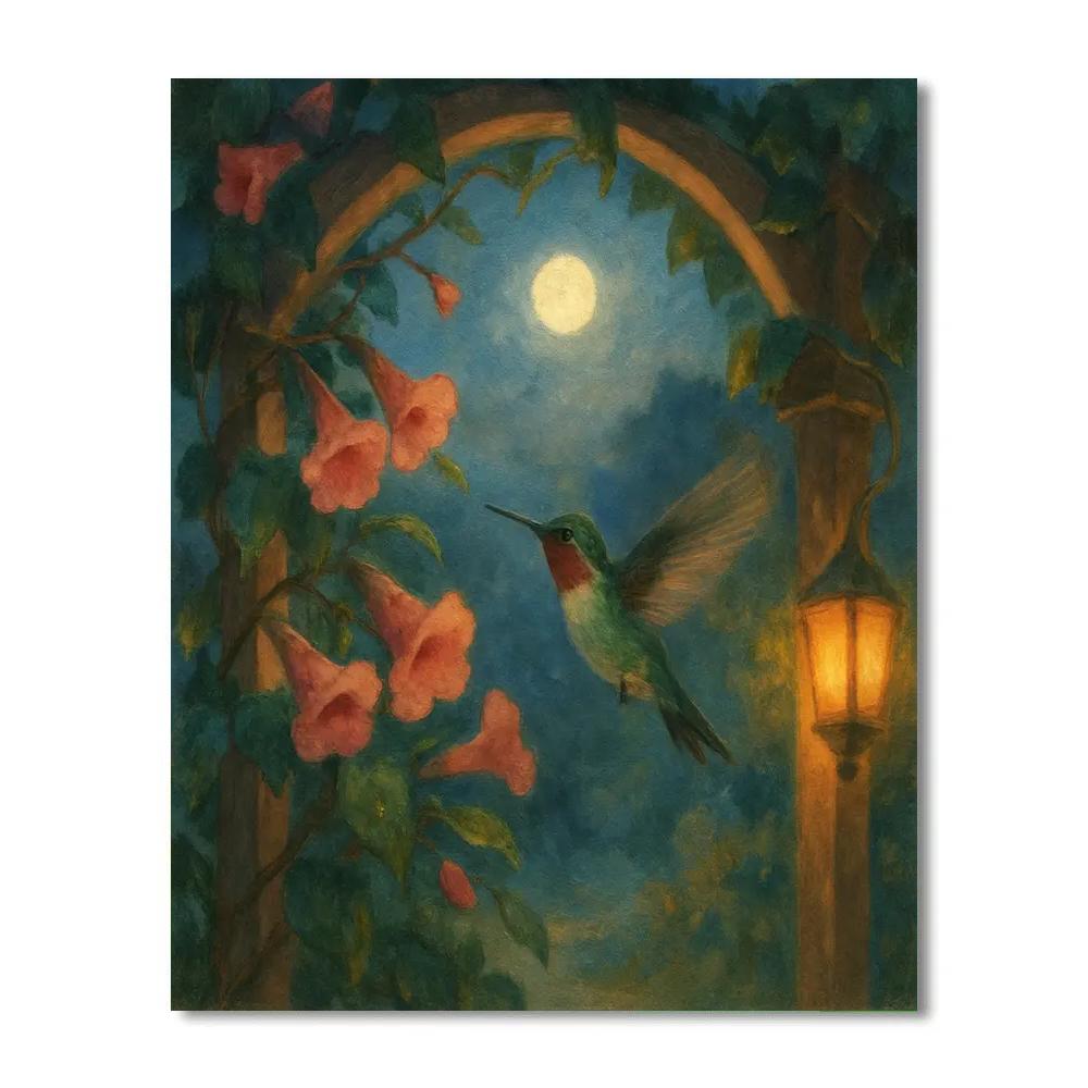 Hummingbird Pause In A Moonlit Flower Arbor paint by numbers