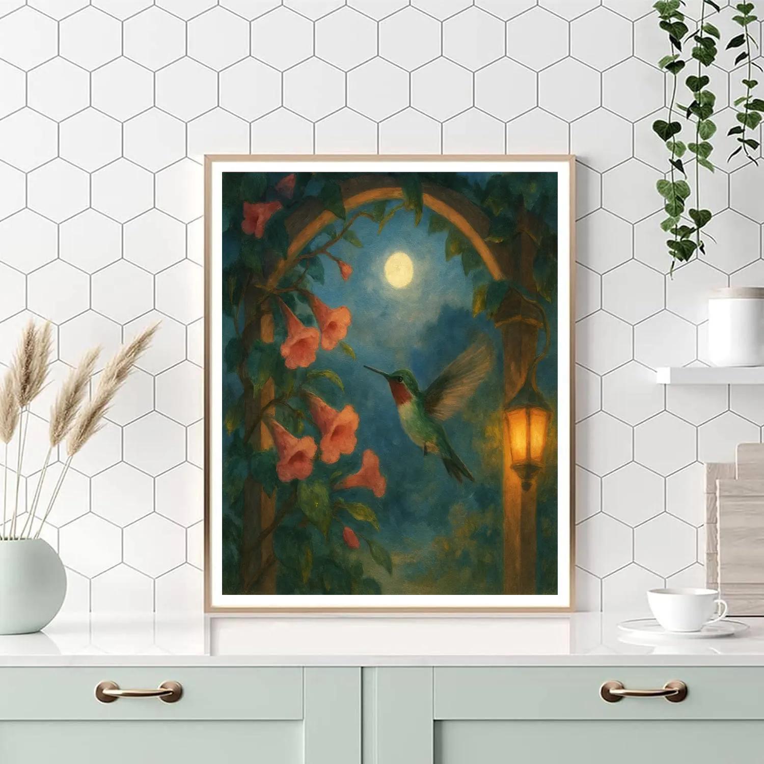 Hummingbird Pause In A Moonlit Flower Arbor paint by numbers