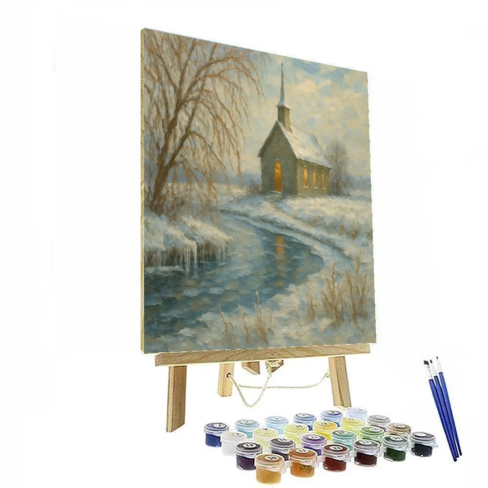 Country Church Beside An Icy River Bend Numbered painting kits