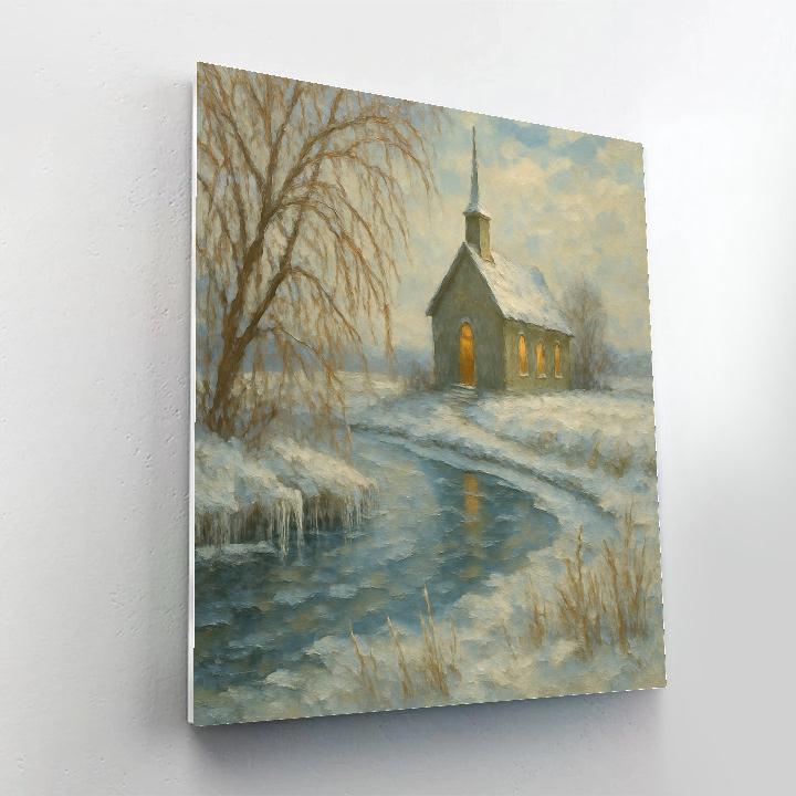 Country Church Beside An Icy River Bend Numbered painting kits