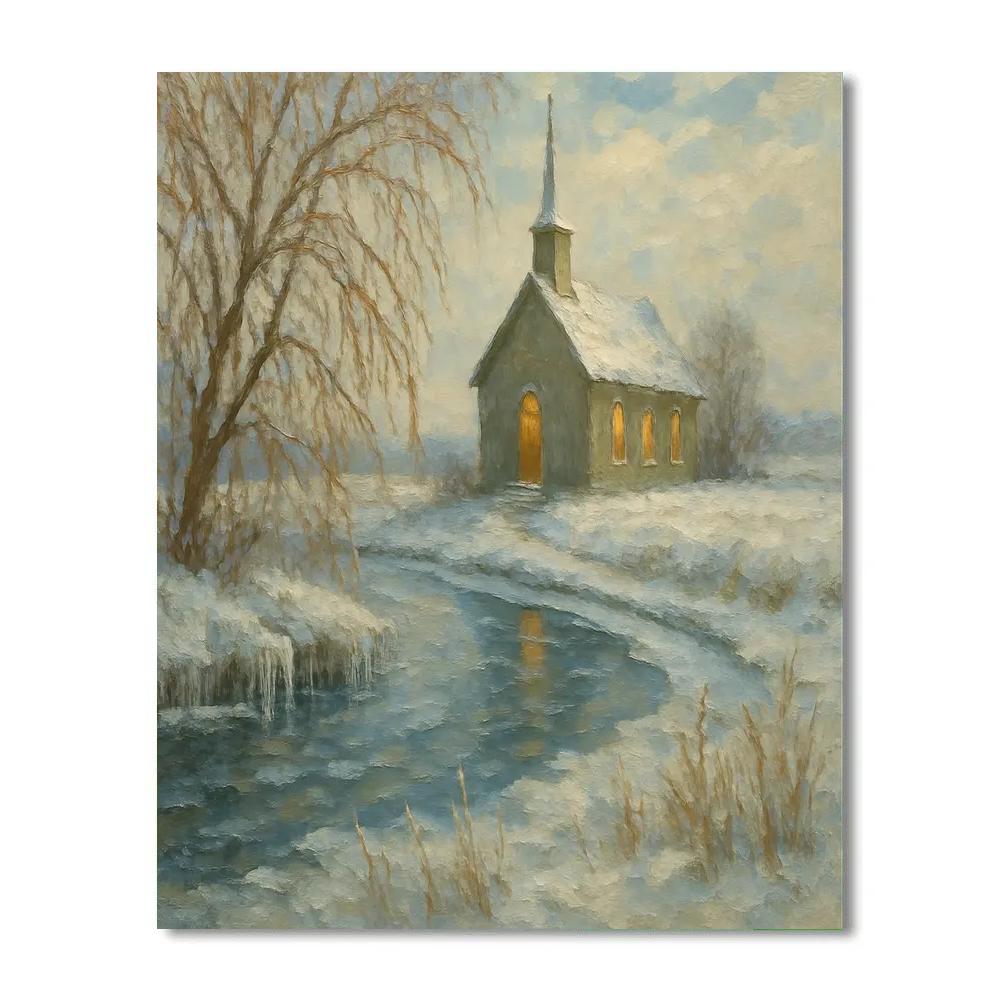Country Church Beside An Icy River Bend Numbered painting kits