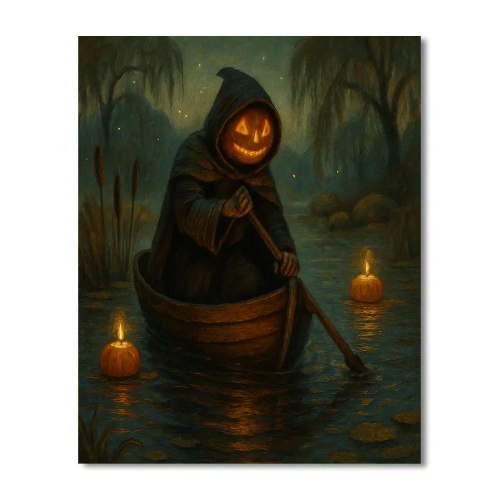 Candlelit Bog Boat Of The Pumpkin Ferryman paint by number