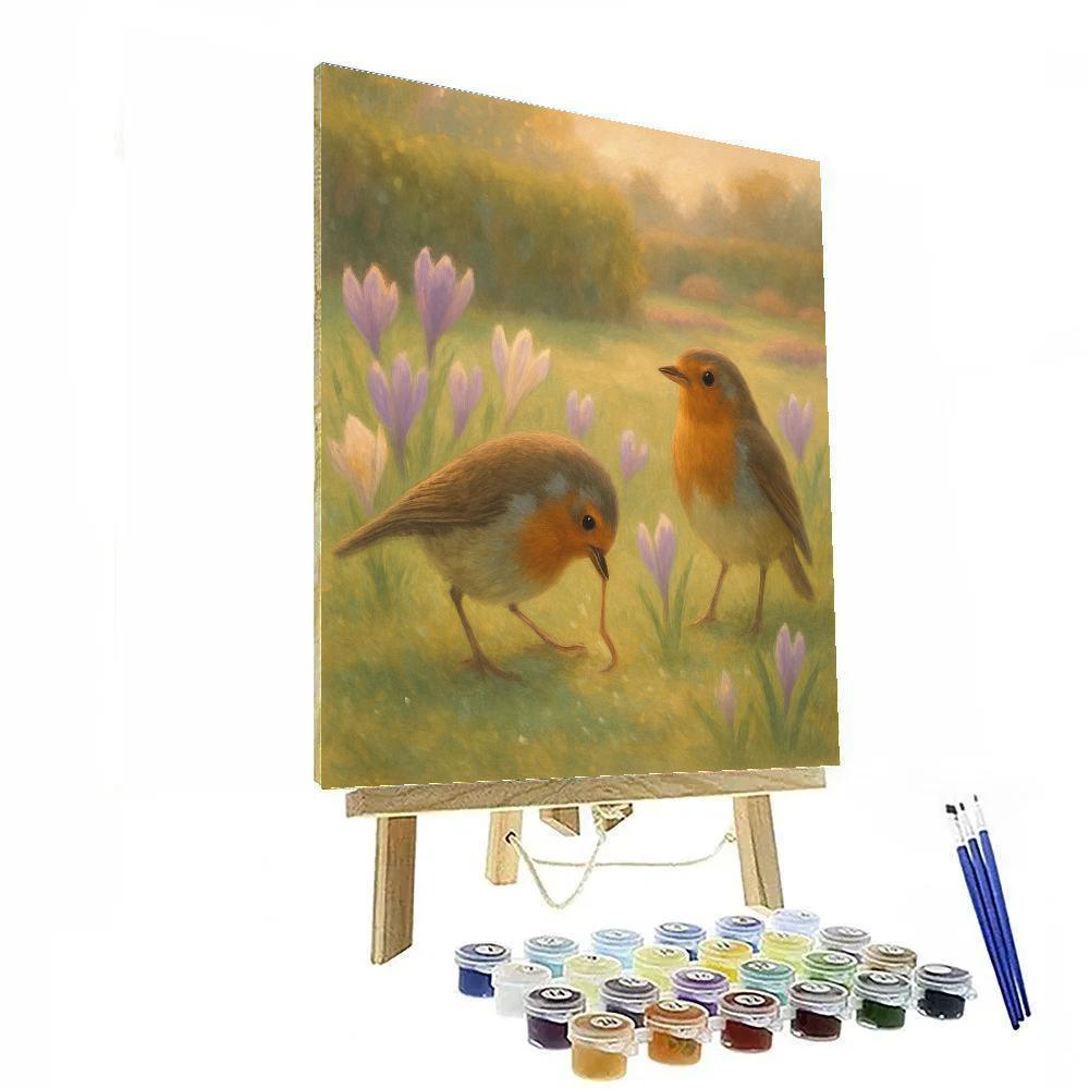 Robins Among Early Spring Crocus Bloom Paint by numbers kits