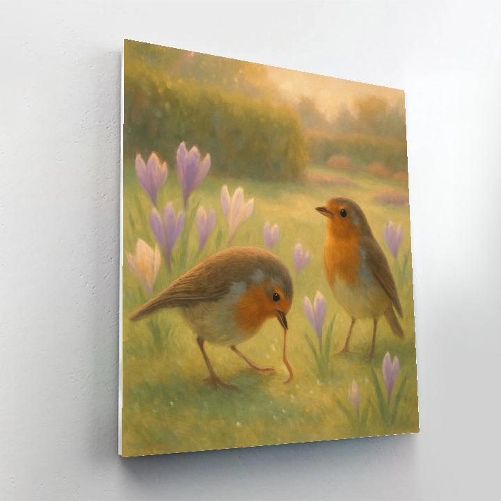 Robins Among Early Spring Crocus Bloom Paint by numbers kits