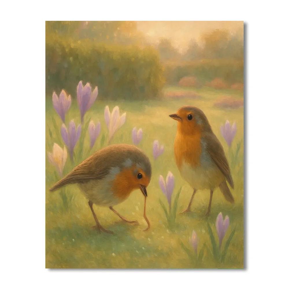 Robins Among Early Spring Crocus Bloom Paint by numbers kits