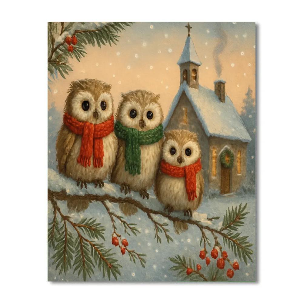 Winter Owls At Evergreen Chapel paint by numbers