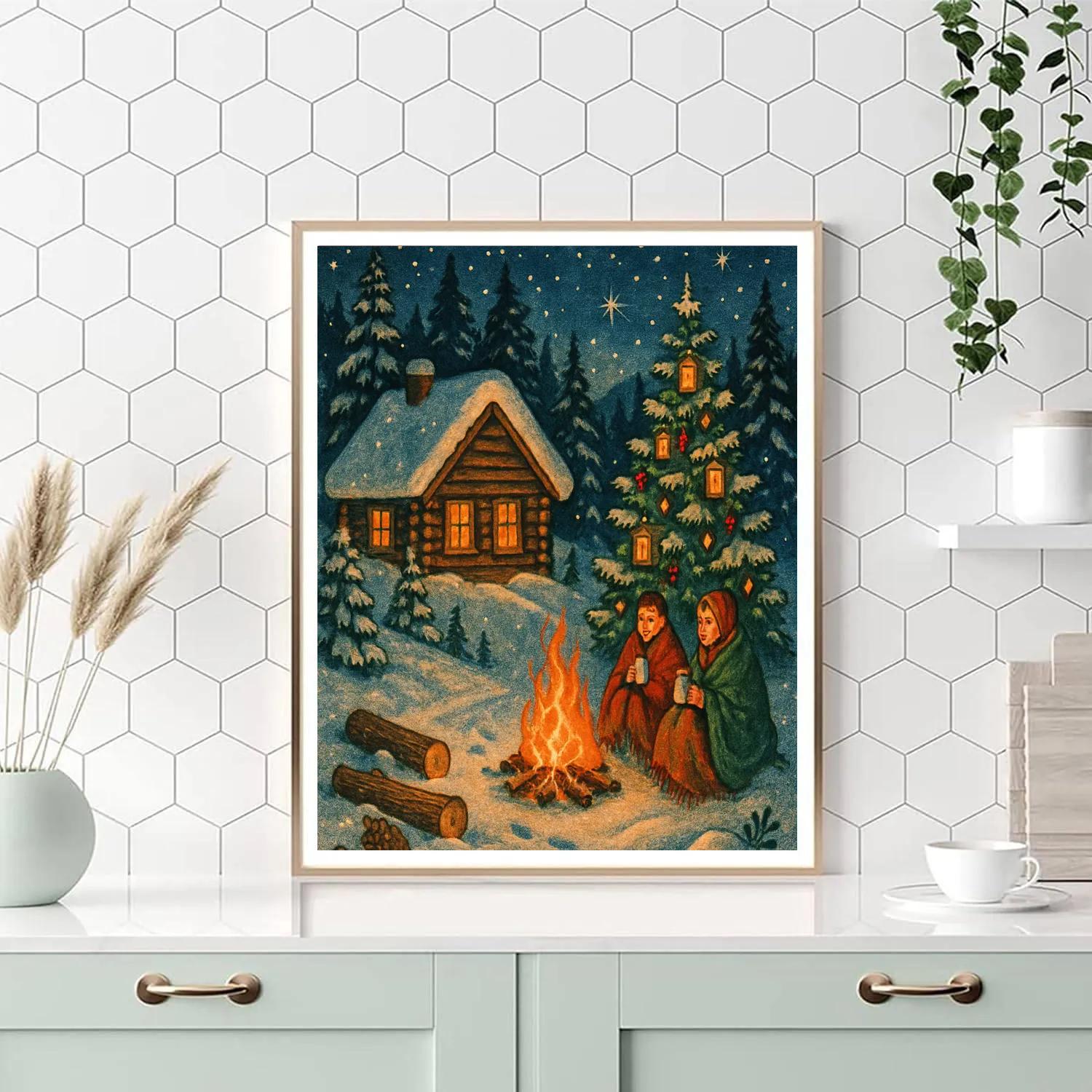 Mountain Cabin Constellation Campfire Paint by numbers art