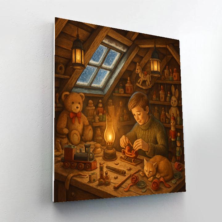 Snowy Attic Toy Workshop Paint by numbers art