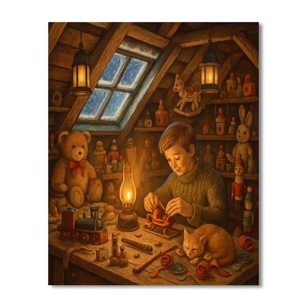 Snowy Attic Toy Workshop Paint by numbers art
