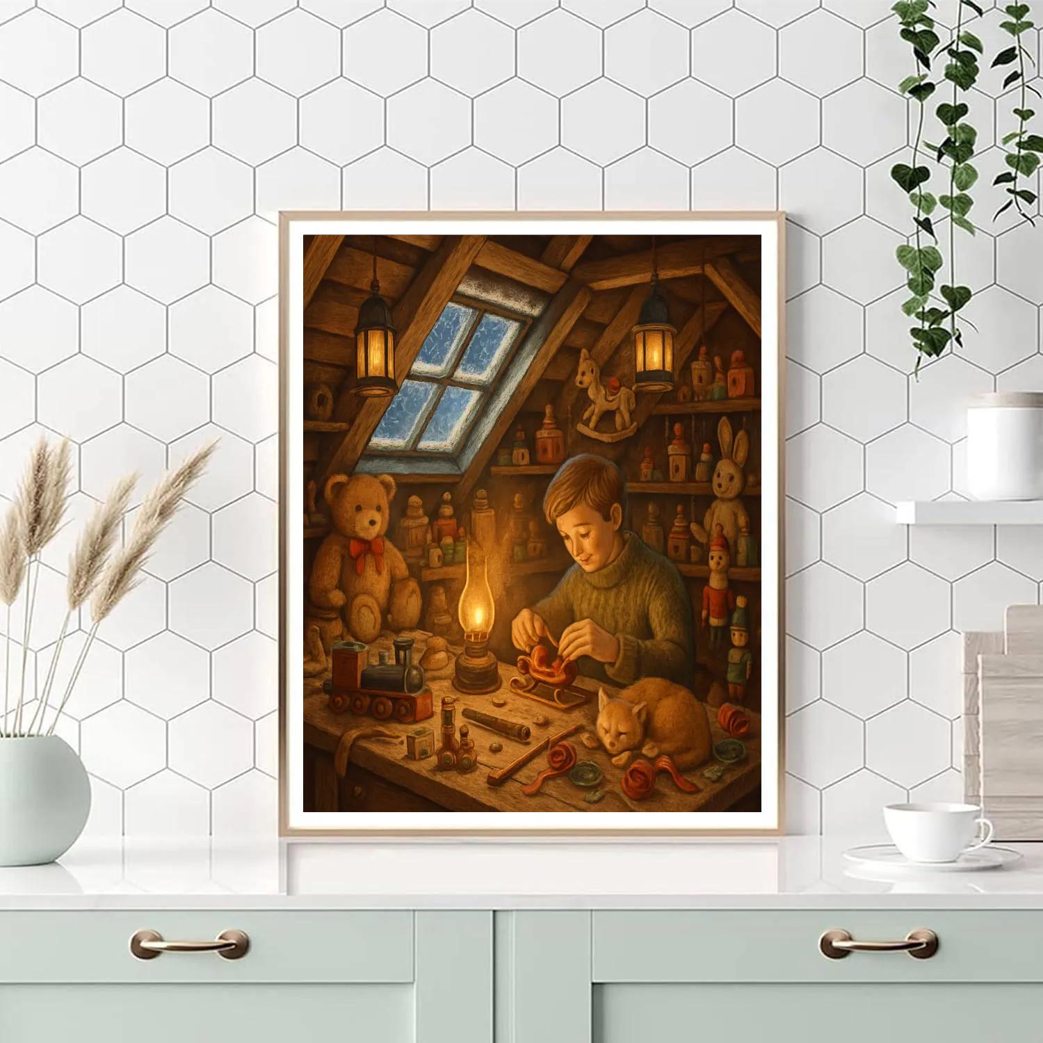 Snowy Attic Toy Workshop Paint by numbers art