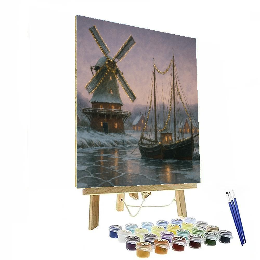 Snowy Christmas Windmill Harbor Painting by numbers kit