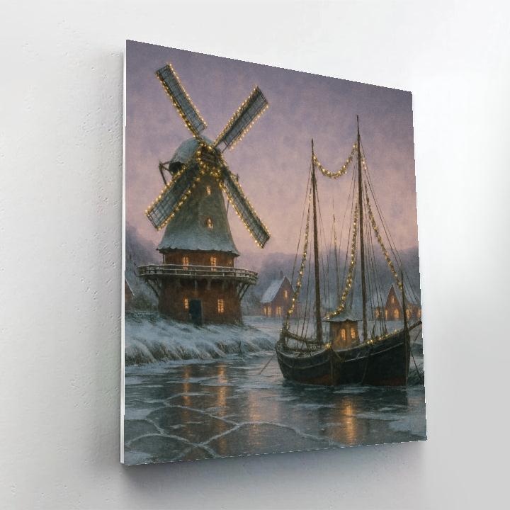 Snowy Christmas Windmill Harbor Painting by numbers kit