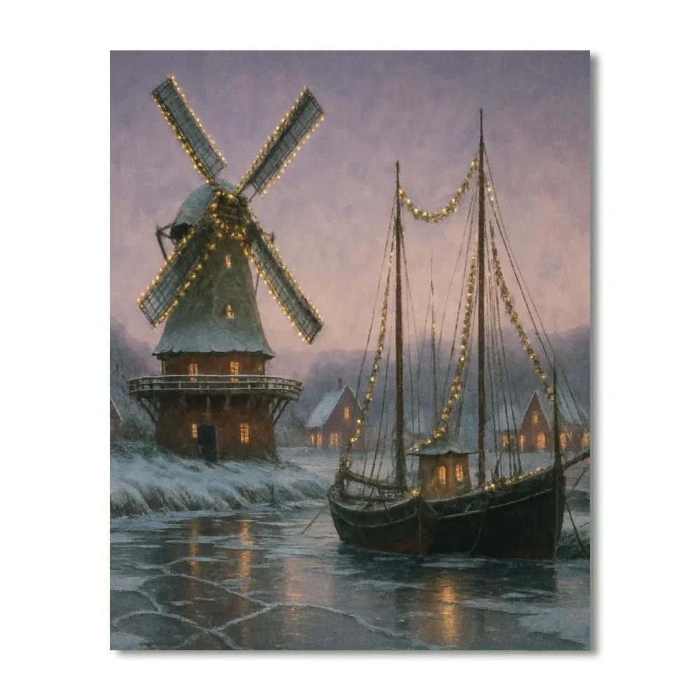 Snowy Christmas Windmill Harbor Painting by numbers kit