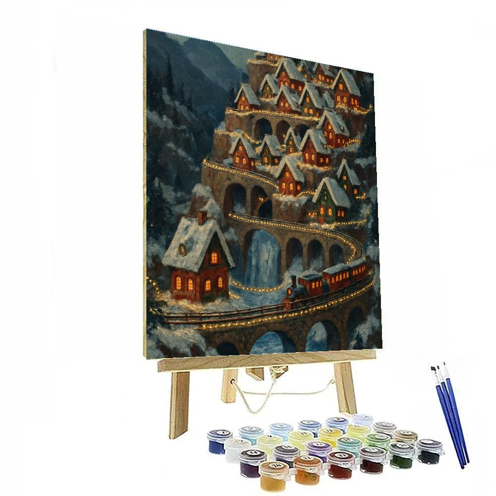 Toy Train Christmas Cliff Village paint by numbers