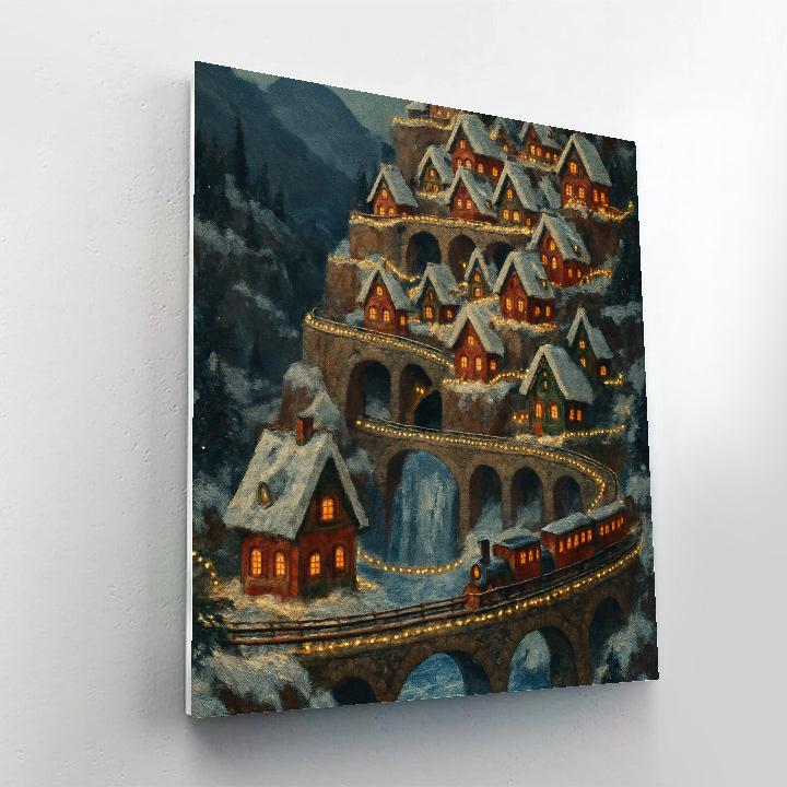 Toy Train Christmas Cliff Village paint by numbers