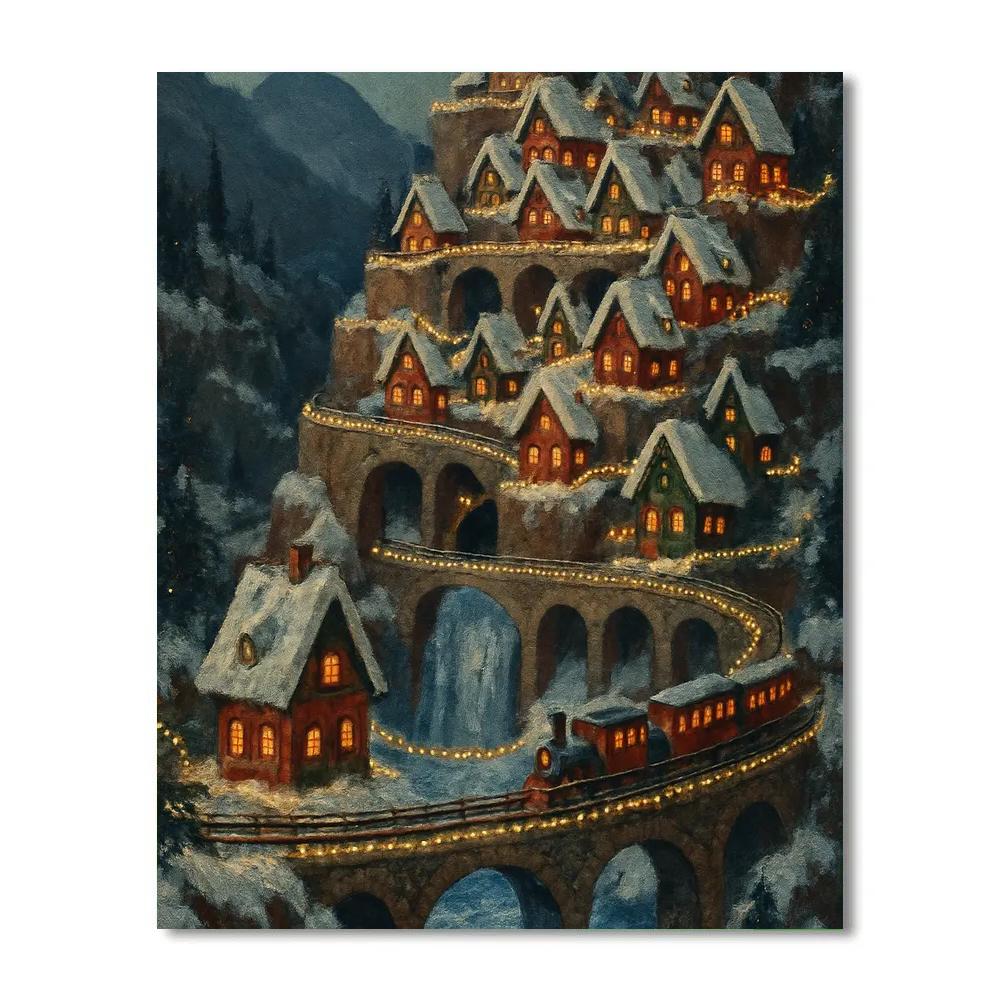 Toy Train Christmas Cliff Village paint by numbers