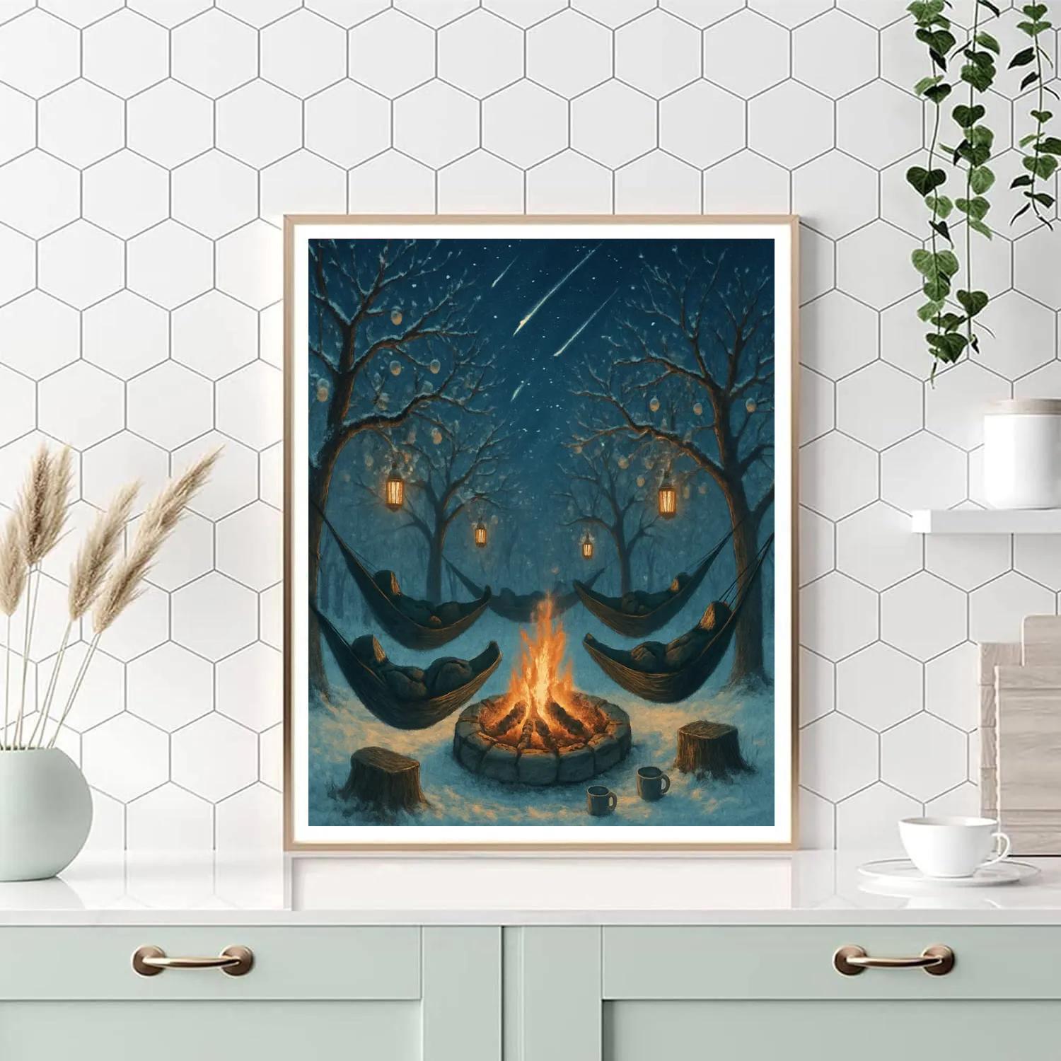Snowy Christmas Orchard Stargazing Firepit painting number kit