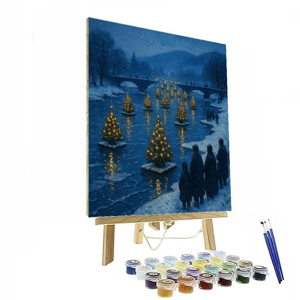 Snowy Christmas River Of Floating Evergreens paint by color