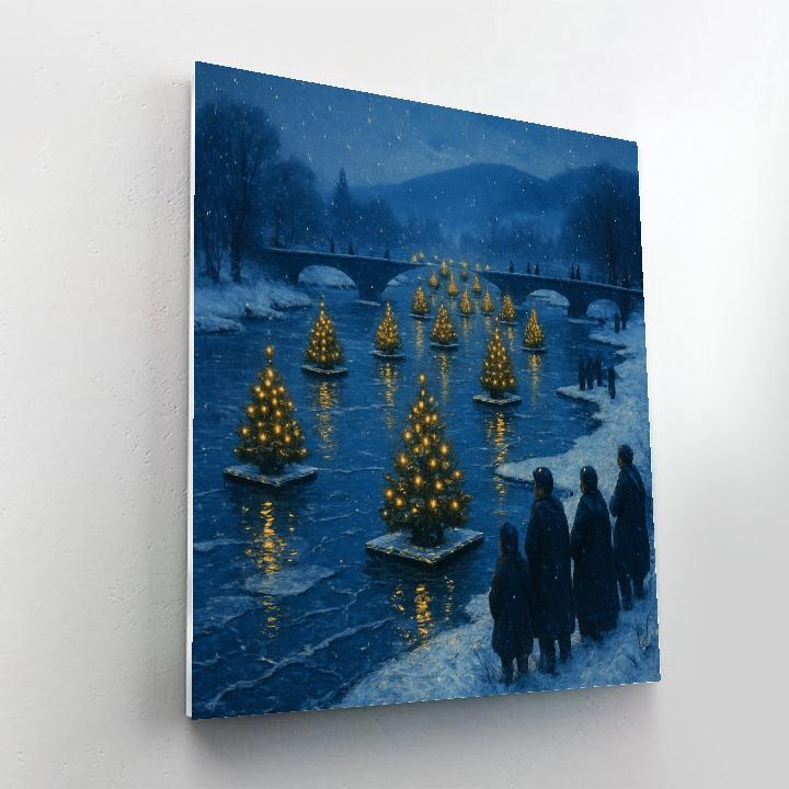 Snowy Christmas River Of Floating Evergreens paint by color