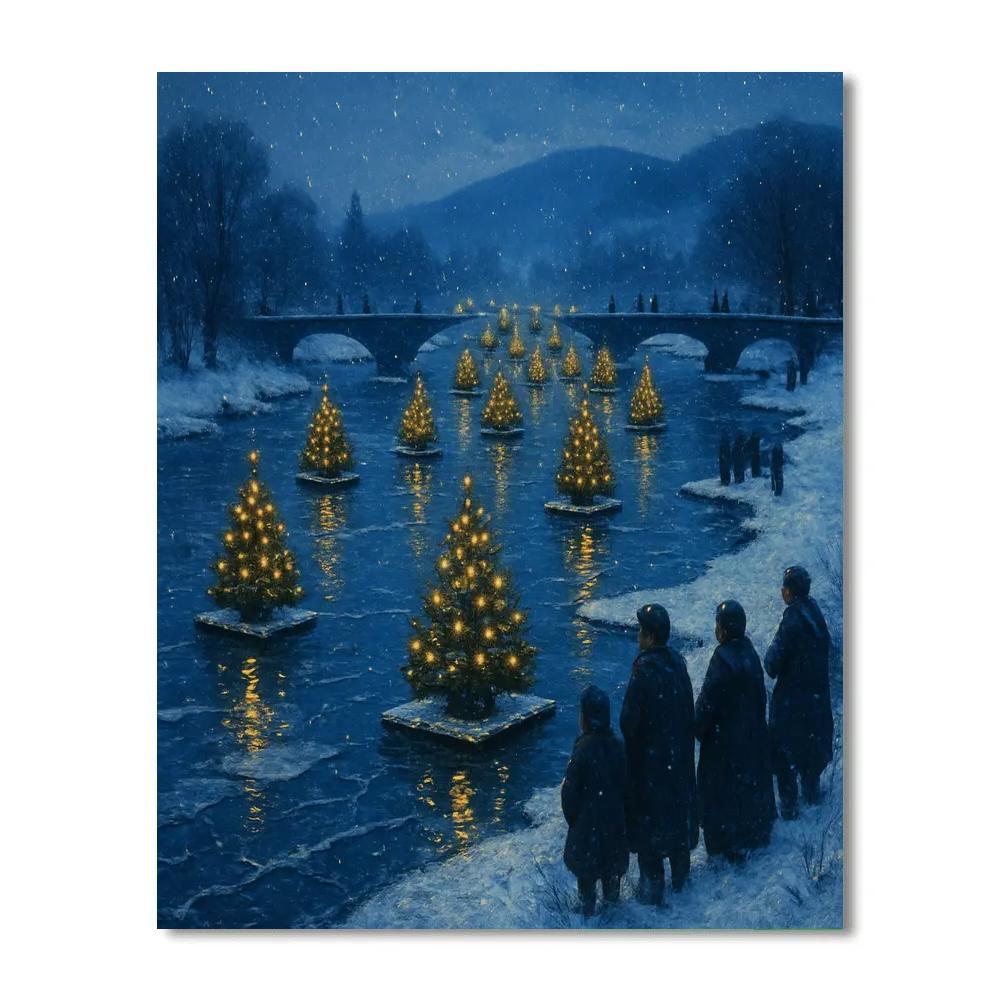 Snowy Christmas River Of Floating Evergreens paint by color