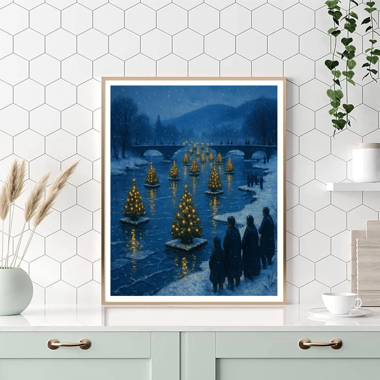 Snowy Christmas River Of Floating Evergreens paint by color