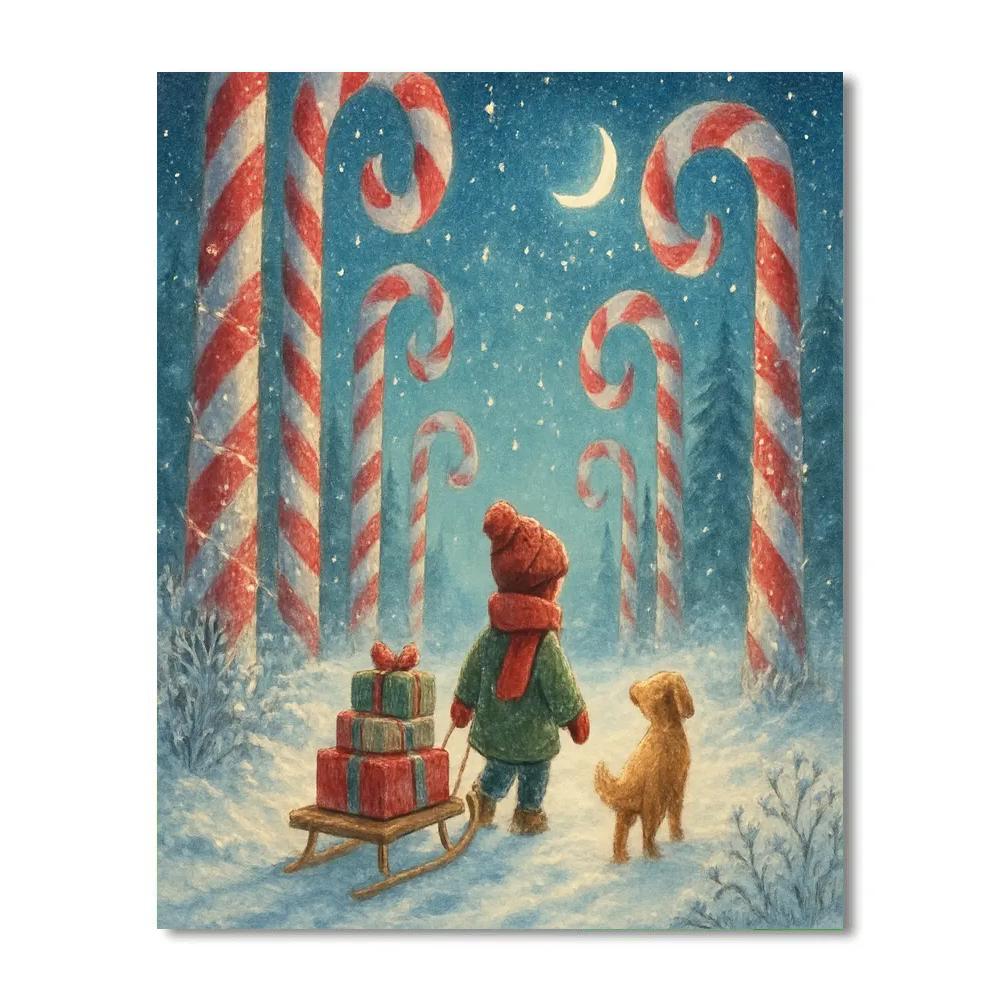 Midnight Candy Cane Forest Crossing painting number kit