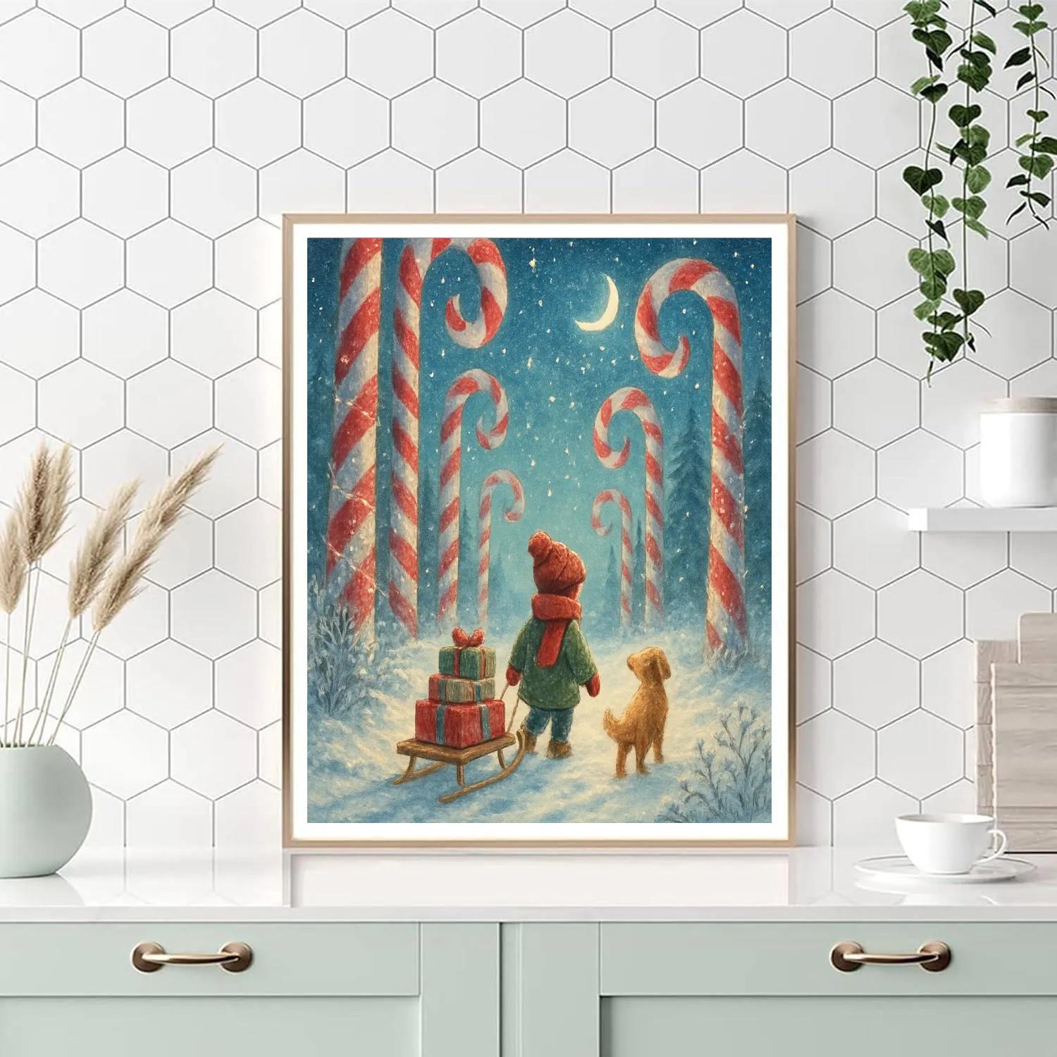Midnight Candy Cane Forest Crossing painting number kit