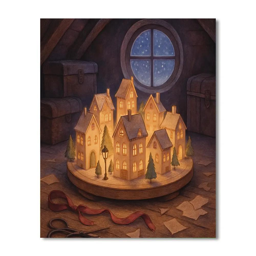 Christmas Carousel Of Paper Houses painting number kit