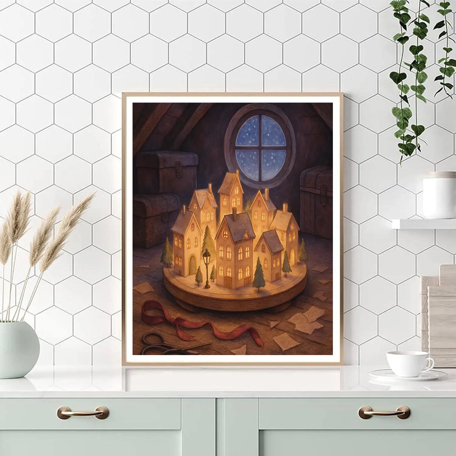 Christmas Carousel Of Paper Houses painting number kit