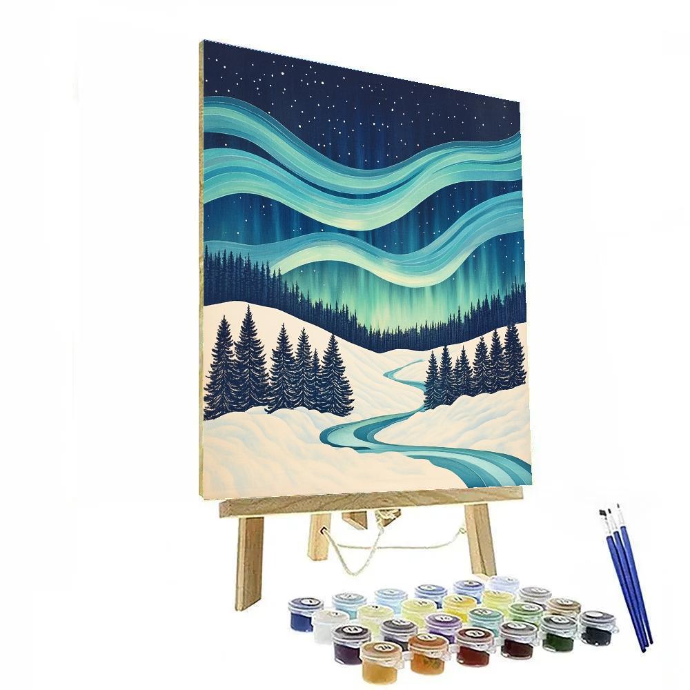 Hiroshige Inspired Aurora Rain Above Winter Pines DIY paint by numbers