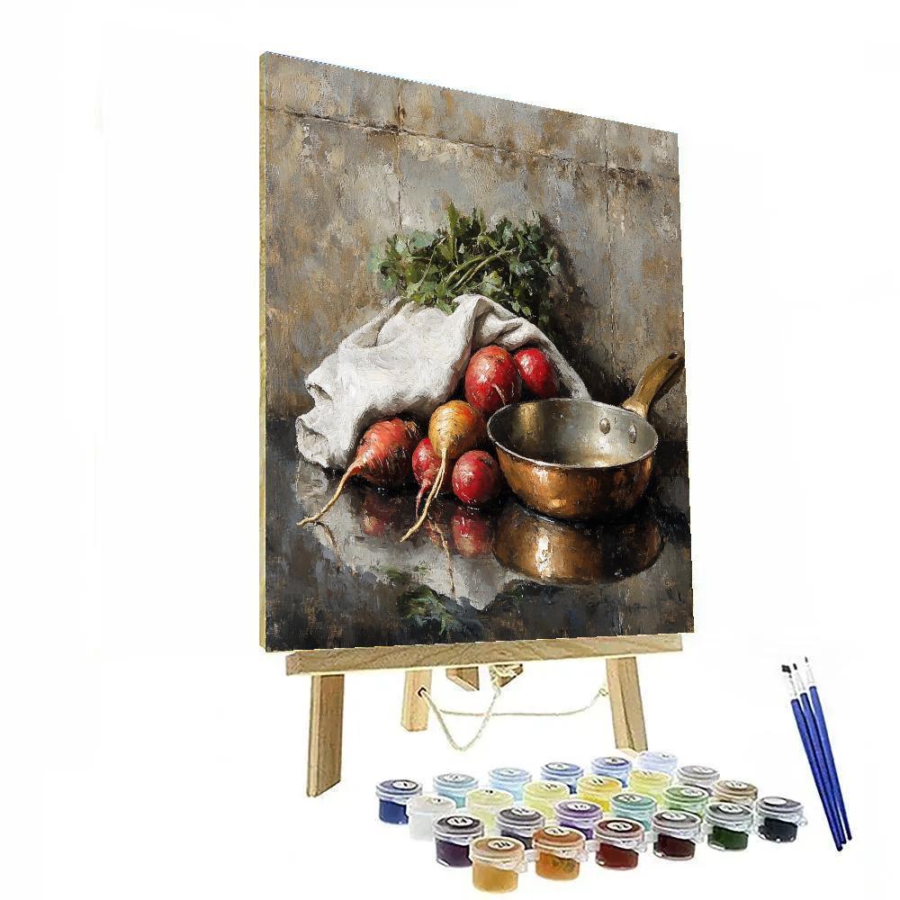 Diego Velázquez Inspired Market Still Life Of Root Vegetables And Copper Pan Reflections painting number kit