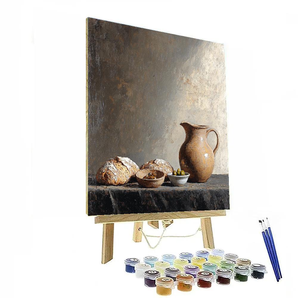Diego Velázquez Inspired Bread And Olive Still Life In Quiet Baroque Shadow paint by numbers