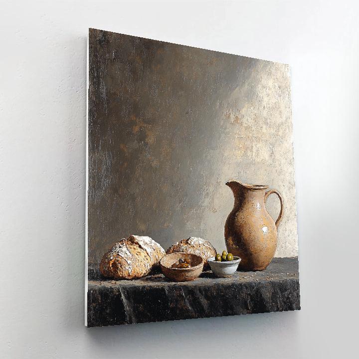 Diego Velázquez Inspired Bread And Olive Still Life In Quiet Baroque Shadow paint by numbers