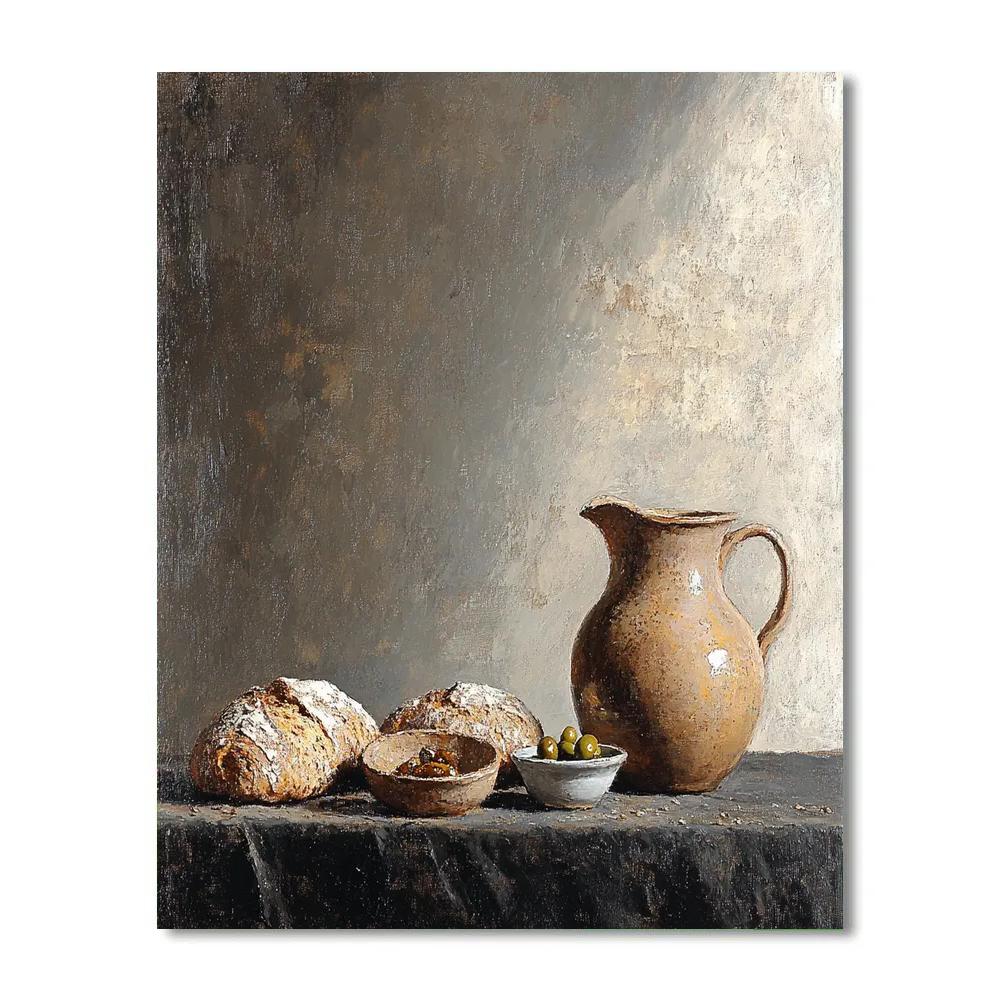 Diego Velázquez Inspired Bread And Olive Still Life In Quiet Baroque Shadow paint by numbers
