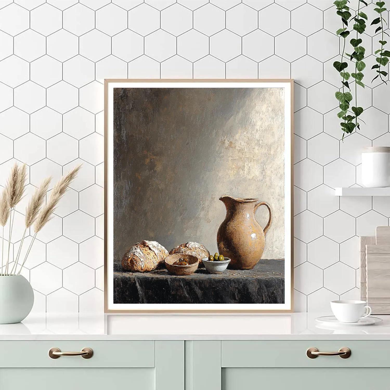 Diego Velázquez Inspired Bread And Olive Still Life In Quiet Baroque Shadow paint by numbers
