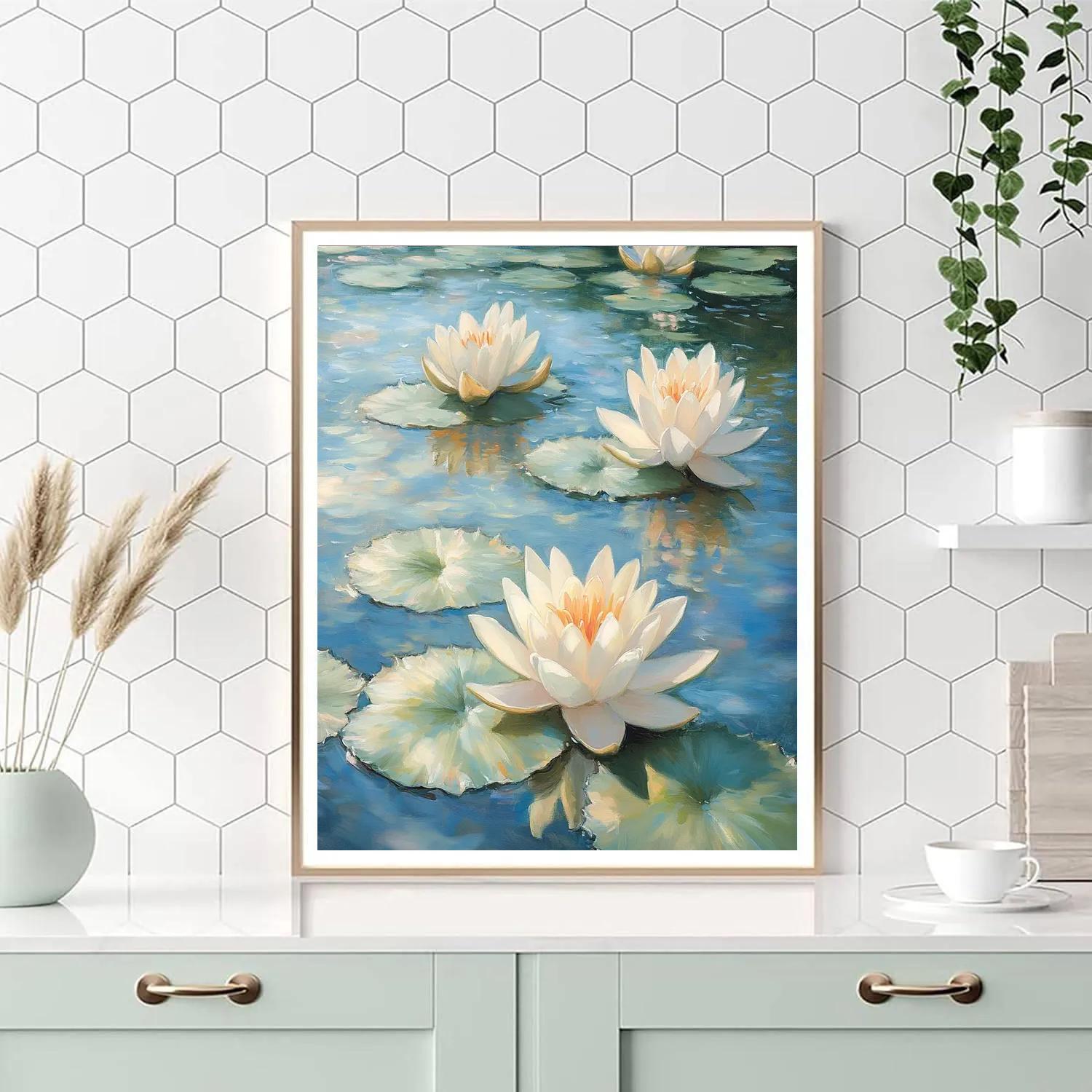 Claude Monet Inspired Sunlit Waterlilies In Shallow Palette DIY paint by numbers