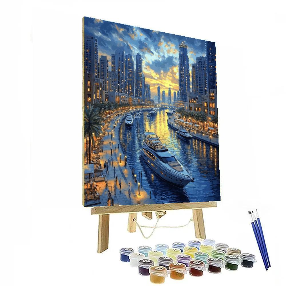 Mirrored Skyline At Marina Walk Dubai United Arab Emirates paint by number