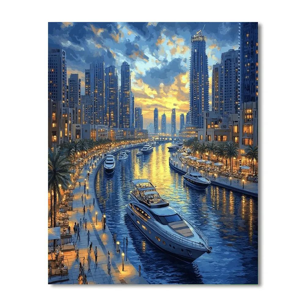 Mirrored Skyline At Marina Walk Dubai United Arab Emirates paint by number