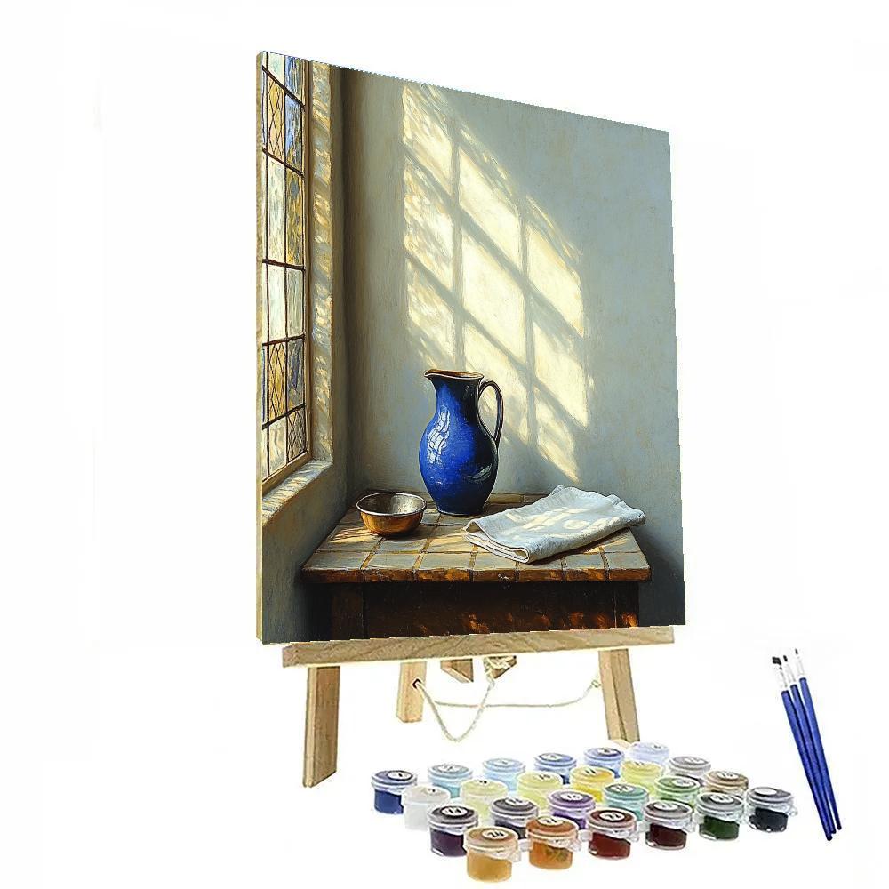 Johannes Vermeer Inspired Lapis Blue Jug Beside Sunlit Leaded Window paint by numbers