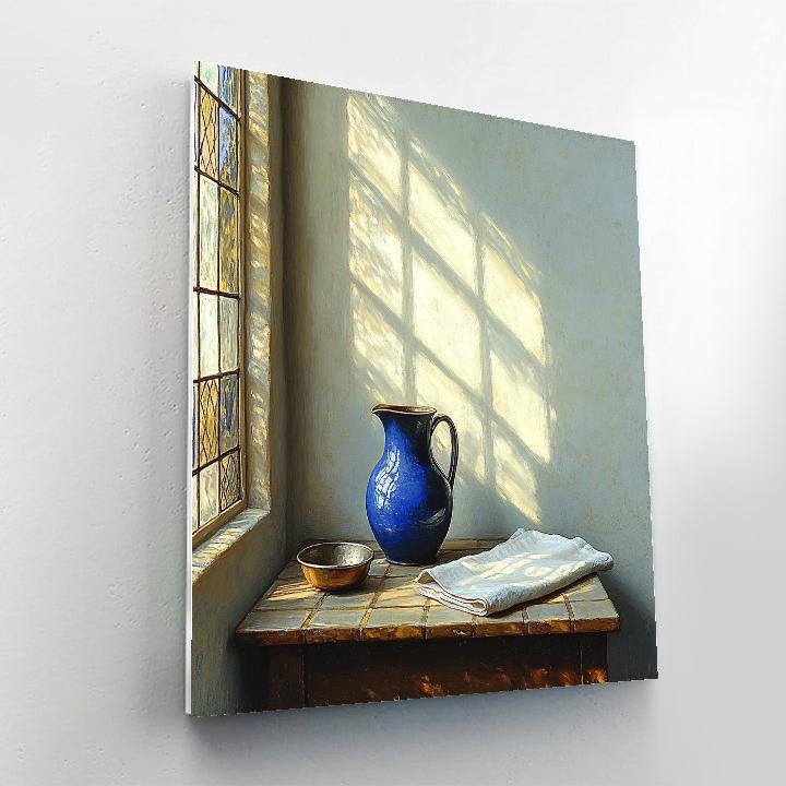 Johannes Vermeer Inspired Lapis Blue Jug Beside Sunlit Leaded Window paint by numbers