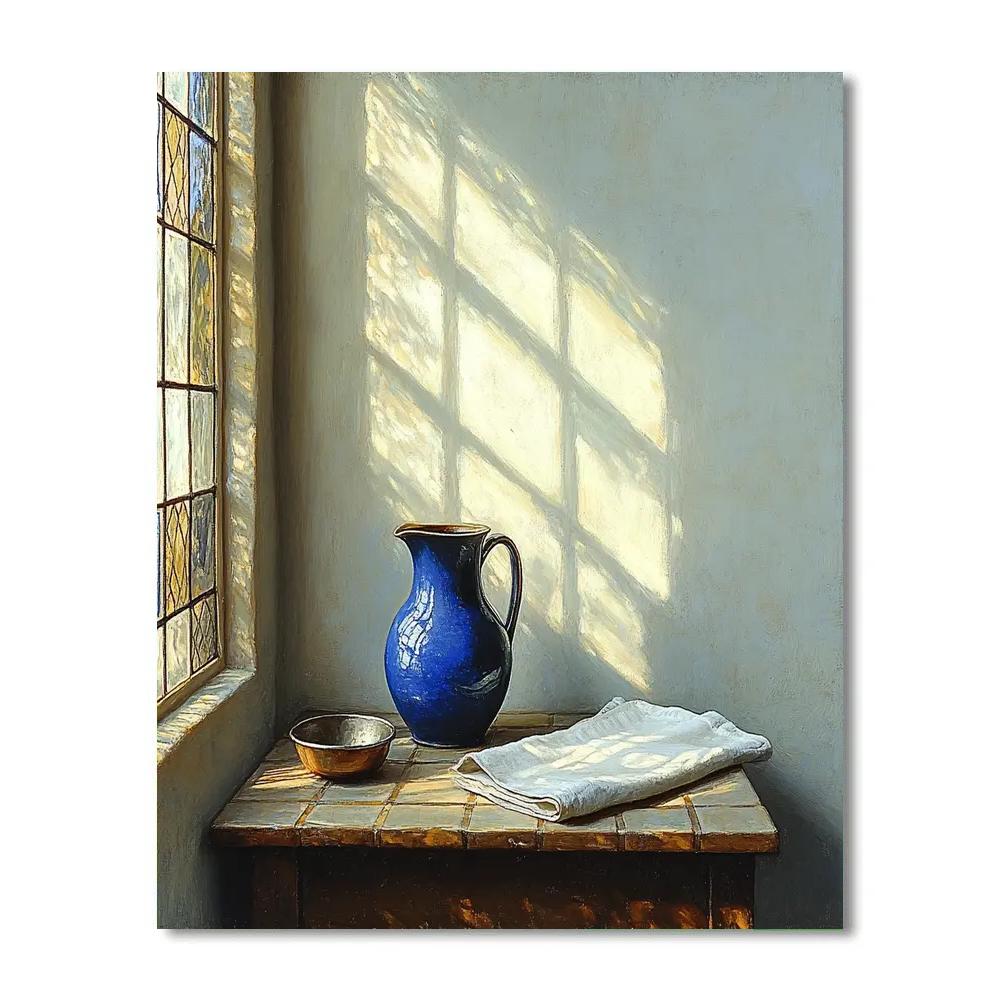 Johannes Vermeer Inspired Lapis Blue Jug Beside Sunlit Leaded Window paint by numbers